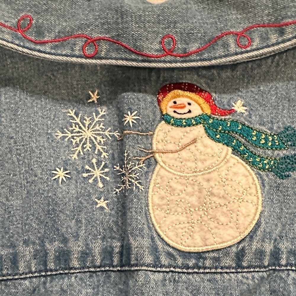 CJ Banks Blue Button Down Shirt with Snowman Embroidery - Picture 5 of 10